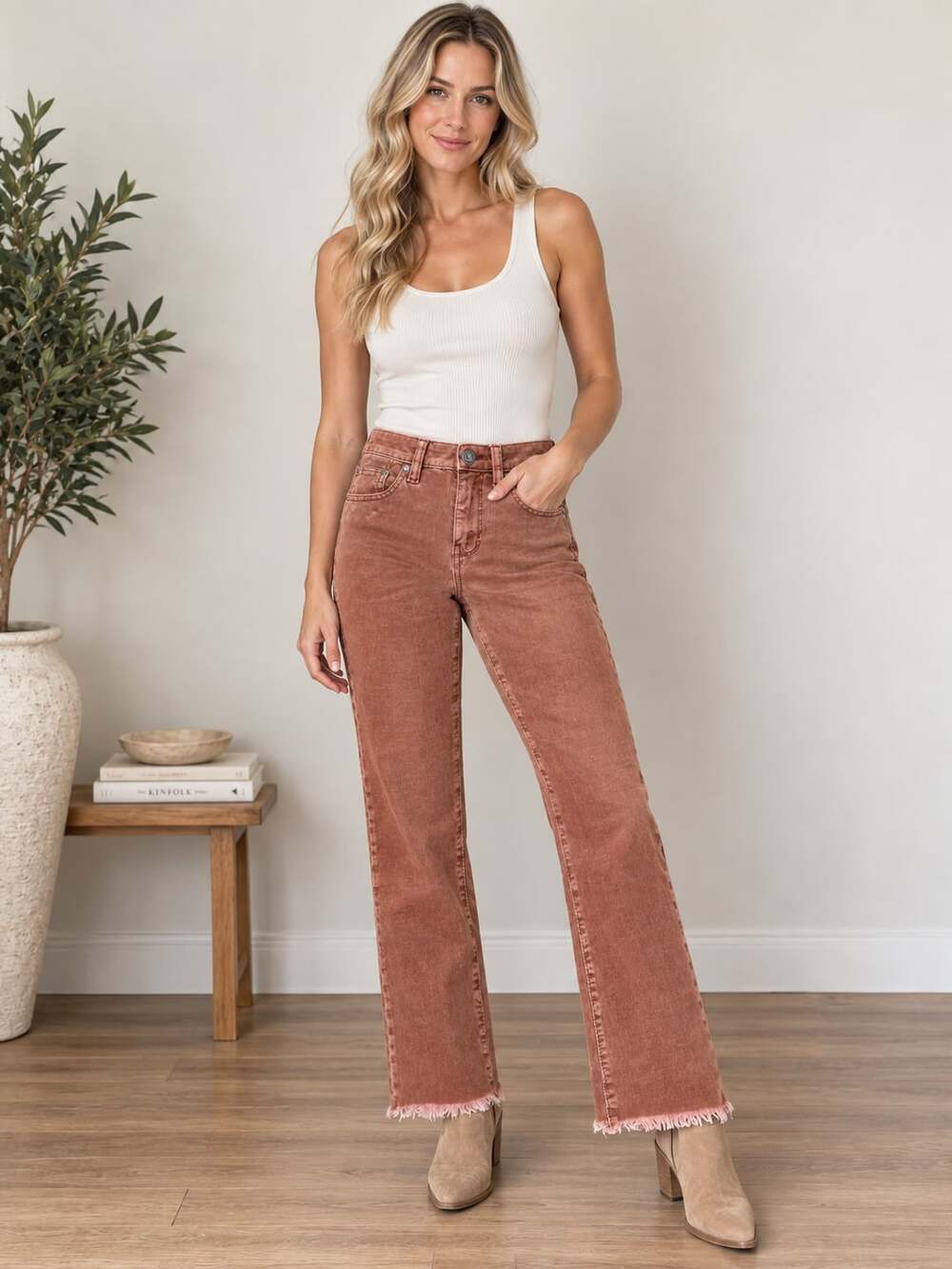 American Eagle Hi-Rise Crop Flare Corduroy Pants Brown Raw Hem Size 2